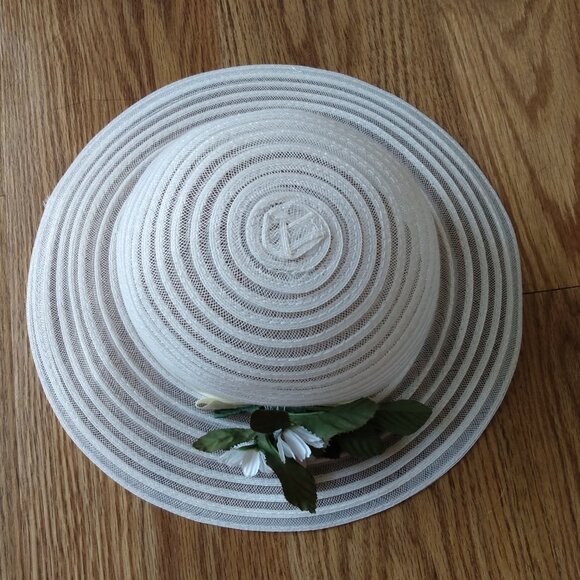 Vintage Sun Hat 20.75" White Daisy Flower Boutonniere Mesh Simple Summer Bride - Picture 4 of 10